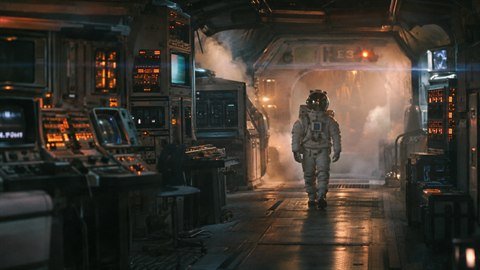 80s Retro Sci-Fi: Smoky backlit corridors and practical-effects spaceships.