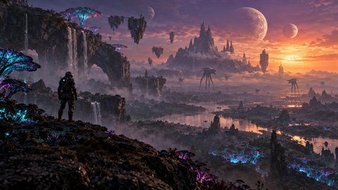 Alien World: Strange planets with glowing alien life and many moons.
