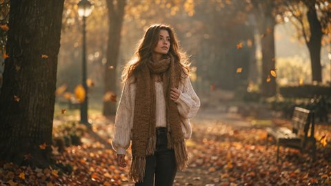 Autumn Glow: Golden leaves, cosy knits and warm low sun.