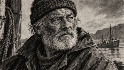 Charcoal Sketch: Loose, smudged charcoal portraits on textured paper.