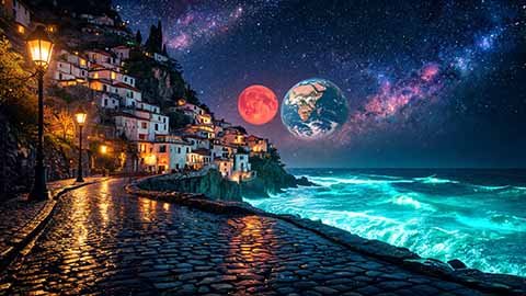 Cosmic Dreamscape: Surreal night scene with giant planets, nebula sky and glowing sea.
