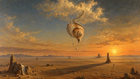 Dalí Surrealism: Impossible dream objects in endless desert light.