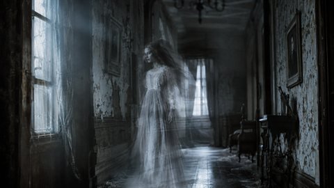 Ghost Story: Translucent spirits drifting through cold mist.
