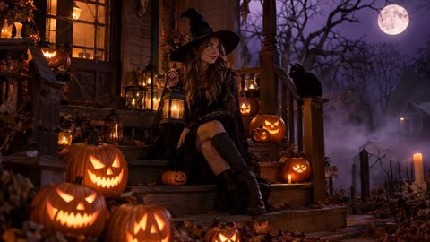 Halloween Night: Jack-o-lanterns, candlelight and a foggy full moon.