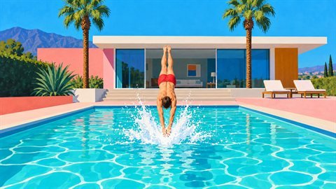 Hockney Pool: Flat, sunny California acrylic with turquoise pools.