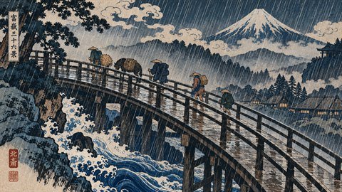 Hokusai Ukiyo-e: Edo-period woodblock prints with bold lines and Prussian blue.