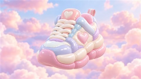 Inflated 3D: Puffy, balloon-like objects in soft pastel plastic.