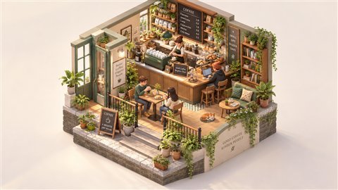 Isometric Diorama: A tiny isometric world on a floating cutaway block.