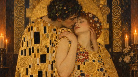 Klimt Golden Phase: Gold leaf, mosaic patterns and Vienna Secession glamour.
