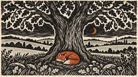 Linocut Print: Carved black lines and one bold accent colour.