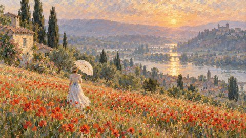 Monet Impressionist: Shimmering plein-air light in soft broken brushstrokes.