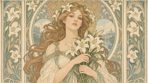 Mucha Art Nouveau: Graceful poster figures framed by halos and flowers.