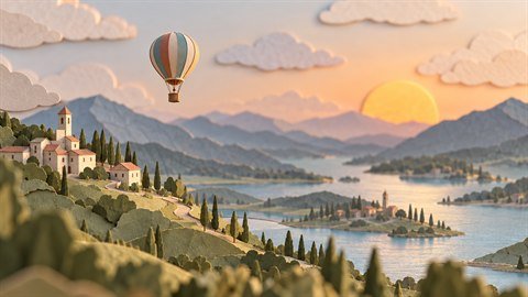 Papercraft Diorama: Layered cut-paper scenes with soft shadows between the layers.