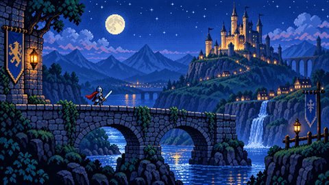 Pixel Art 16-Bit: Retro game scenes in crisp, dithered pixels.