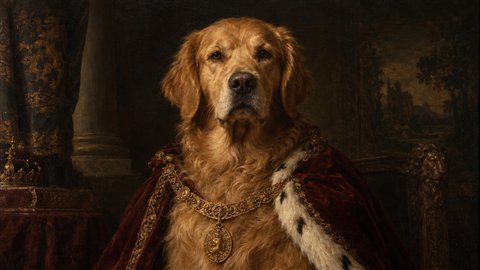 Renaissance Oil Portrait: Regal old-master oil portraits, pets included.