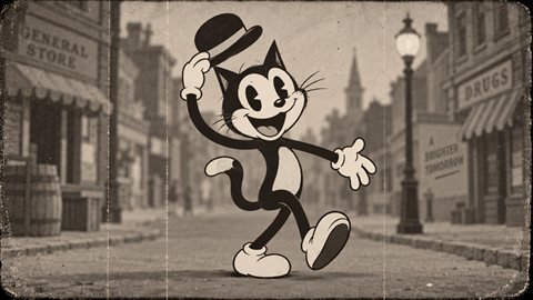 Rubber Hose Cartoon: Bouncy 1930s cartoon characters with old film grain.