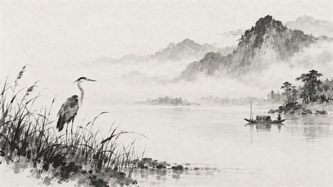Sumi-e Ink Wash: Zen black-ink brush painting with generous empty space.