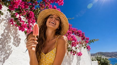 Summer Heat: Hard sun, deep blue sky and vivid holiday colour.