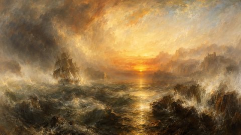 Turner Romantic: Glowing, misty seascapes dissolving into light.