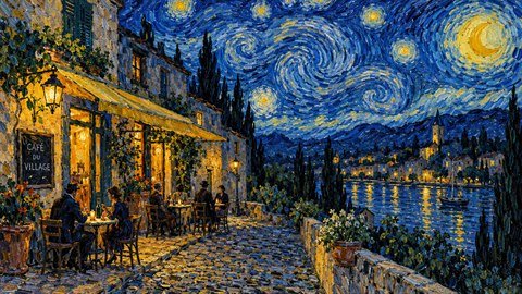 Van Gogh Impasto: Swirling, thick post-impressionist brushwork in vivid colour.