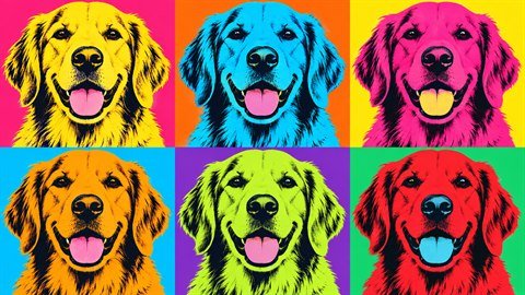 Warhol Pop Art: Repeated neon silkscreen panels straight from the 60s.