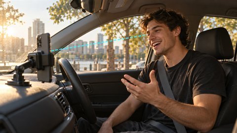 Car Selfie Chat: Dashboard phone chat in the driver seat, parked or cruising.