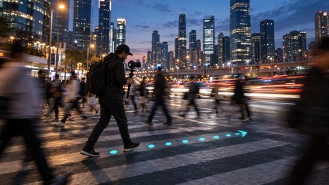 City Hyperlapse: Moving time-lapse through the city as day turns to night.