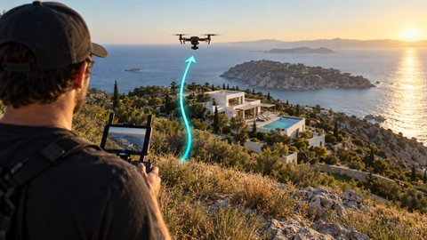 Drone Estate Reveal: Rises over the ridge to reveal the property and view.