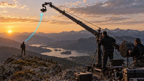 Epic Crane Reveal: Rises over the subject to reveal a vast landscape.