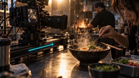 Food Macro Glide: Macro slider glide over steaming food, focus pulling in.