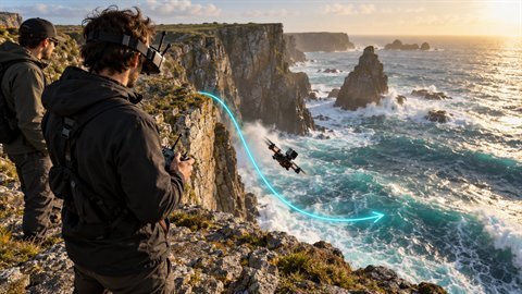 FPV Cliff Dive: Drone drops off the edge and races along the surface.