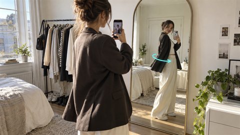 Mirror Outfit Check: Mirror selfie that turns to show the full outfit.