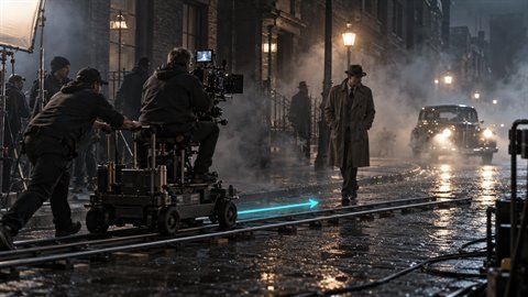 Noir Tracking: Side-on tracking through fog as headlights sweep past.