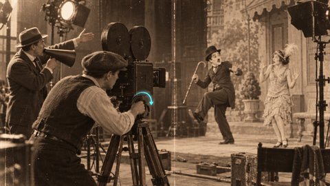 Silent Film Flicker: Hand-cranked 18 fps cadence with flicker and gate weave.
