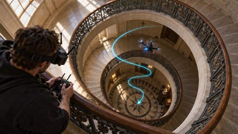 Spiral Dive: Corkscrew fly-through into a surreal world.