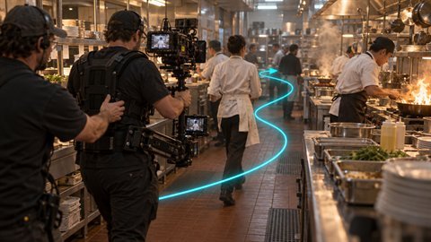 Steadicam Oner: Follows the subject through a busy space in one long take.