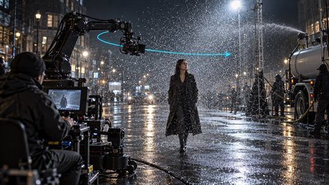 Time Stands Still: Rain freezes mid-air while the camera arcs around the only moving person.