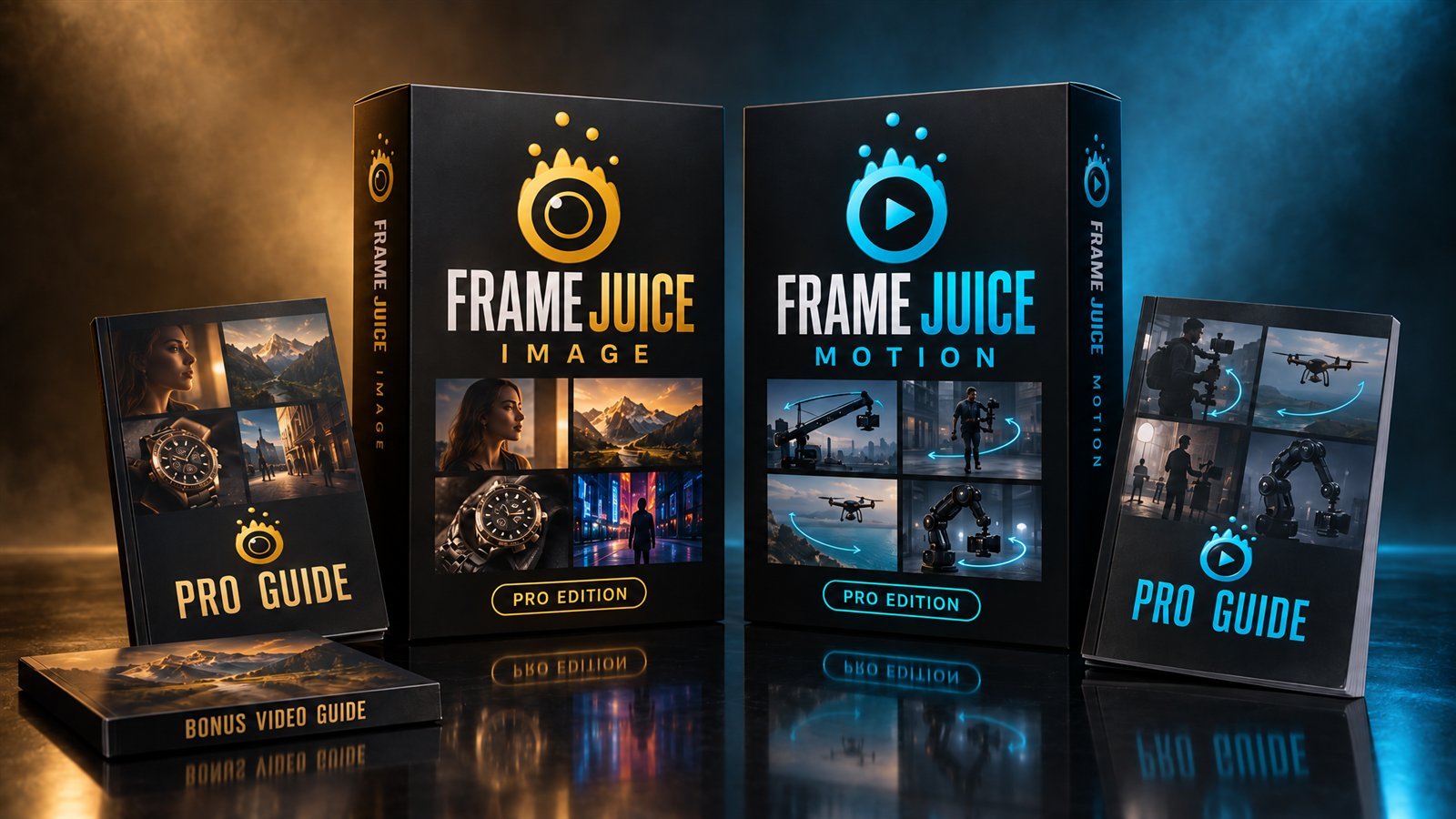 Frame Juice Image Pro and Frame Juice Motion Pro boxes with their guides
