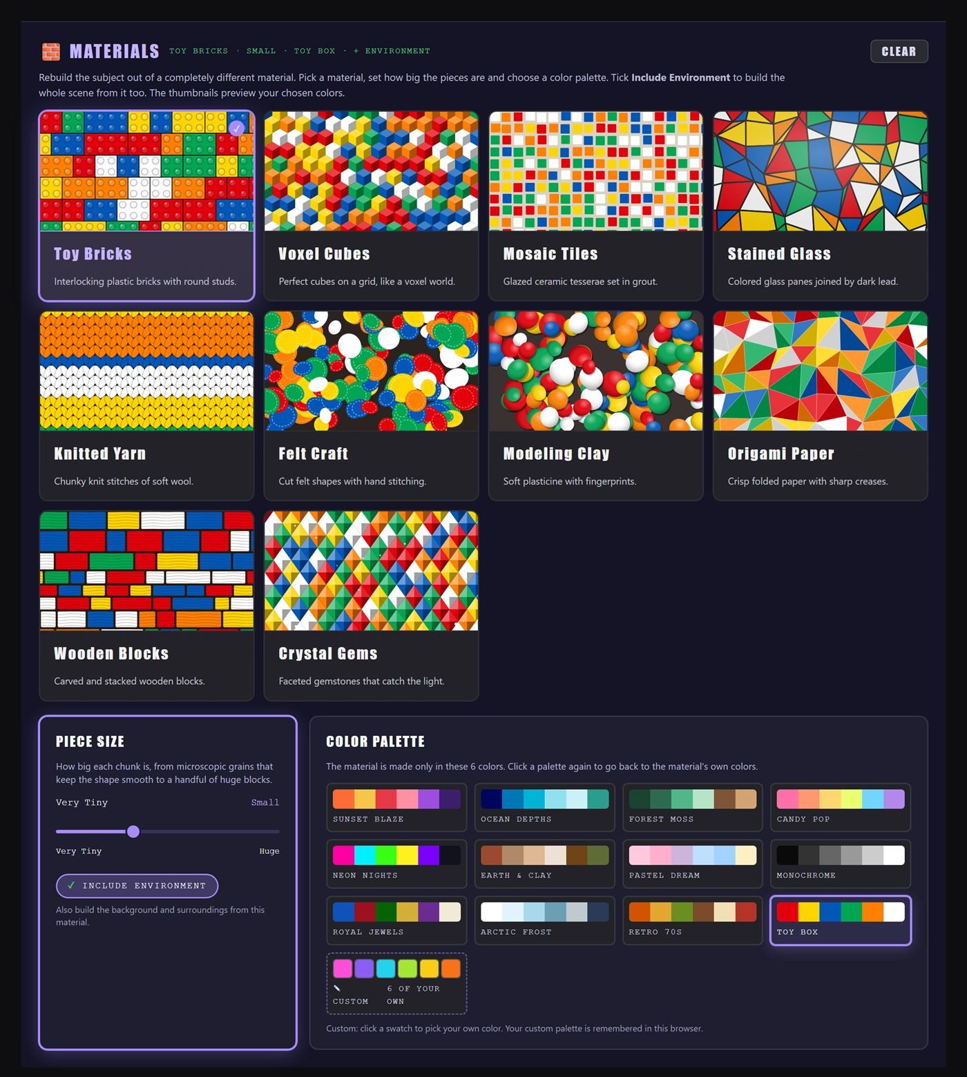 Materials panel with toy bricks, voxel cubes, stained glass and more