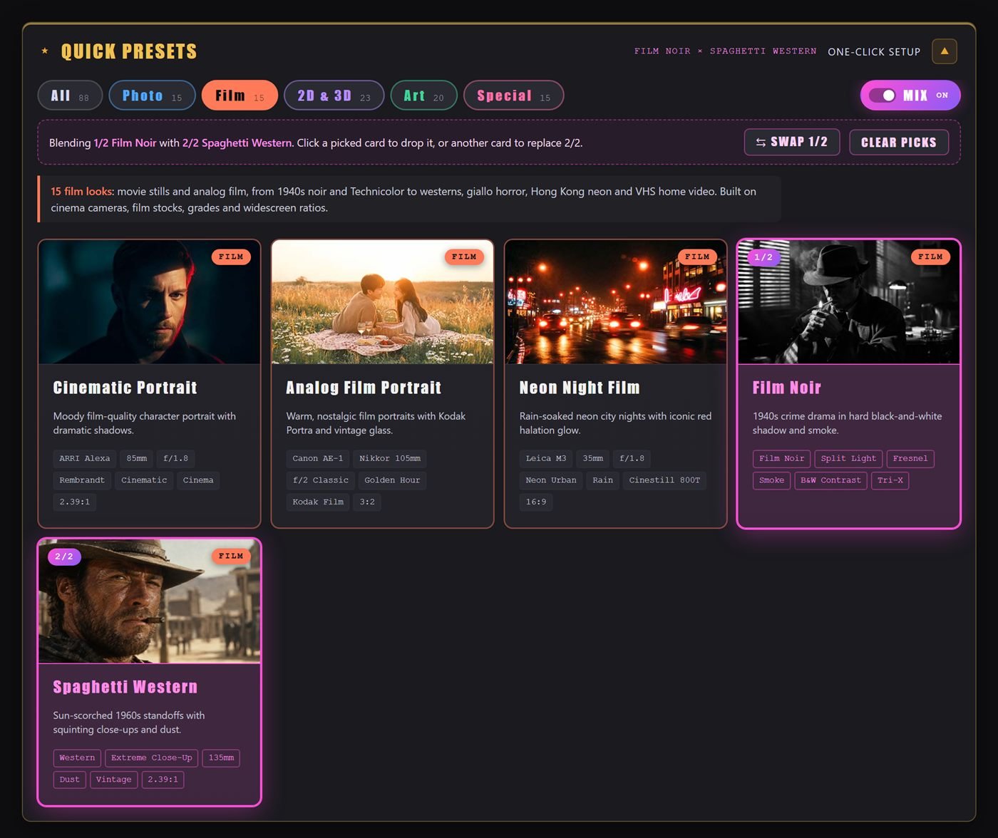 Preset Mix blending Film Noir with Spaghetti Western