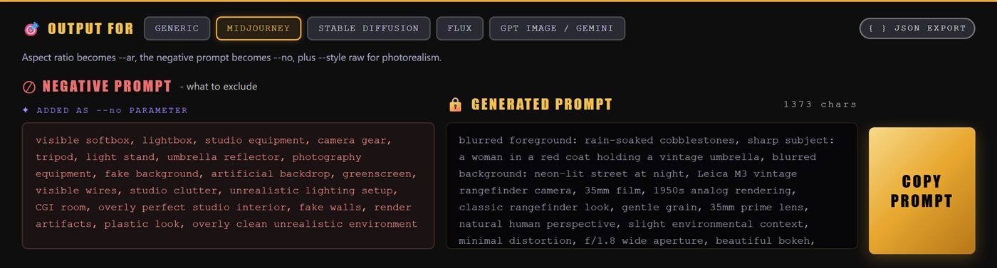 Output panel with Midjourney format selected
