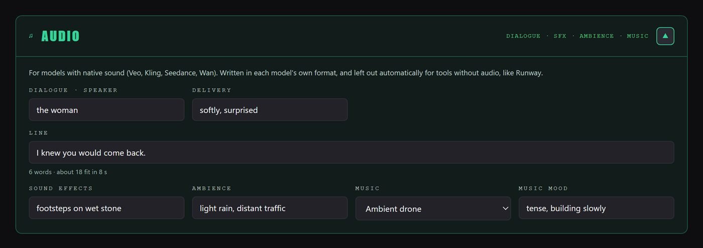 Audio panel with dialogue, sound effects, ambience and music