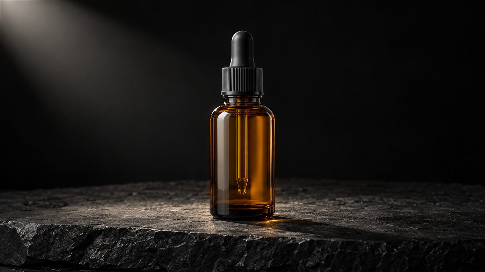 An amber glass dropper bottle with a black cap on dark stone, lit by a single hard spotlight against black