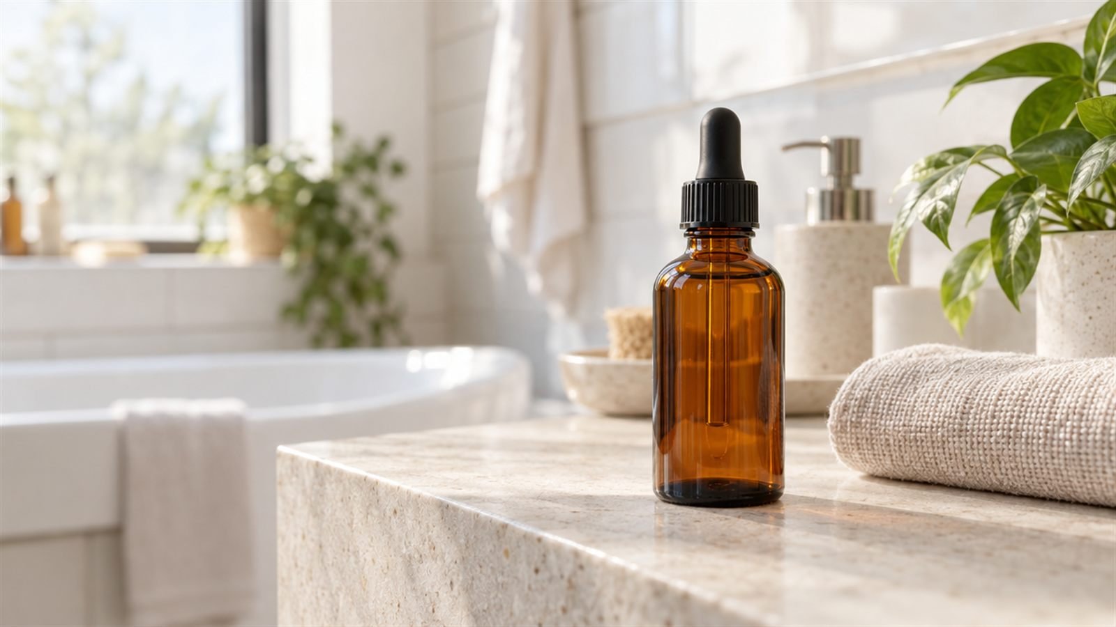The same amber dropper bottle on a pale stone bathroom shelf beside a folded linen towel and a small plant in soft daylight