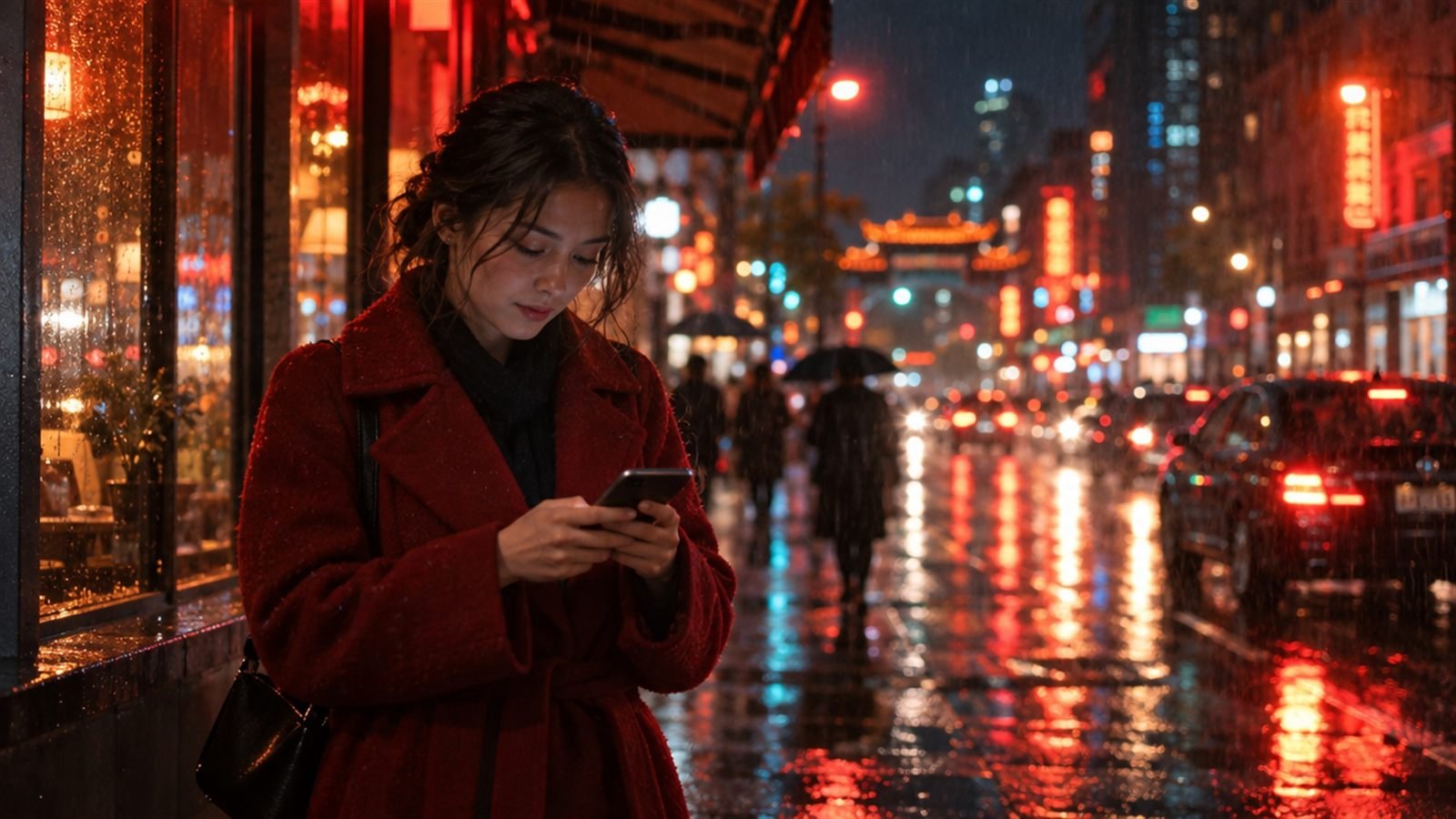 A woman in a red wool coat looking down at her phone on a rainy neon-lit street at night