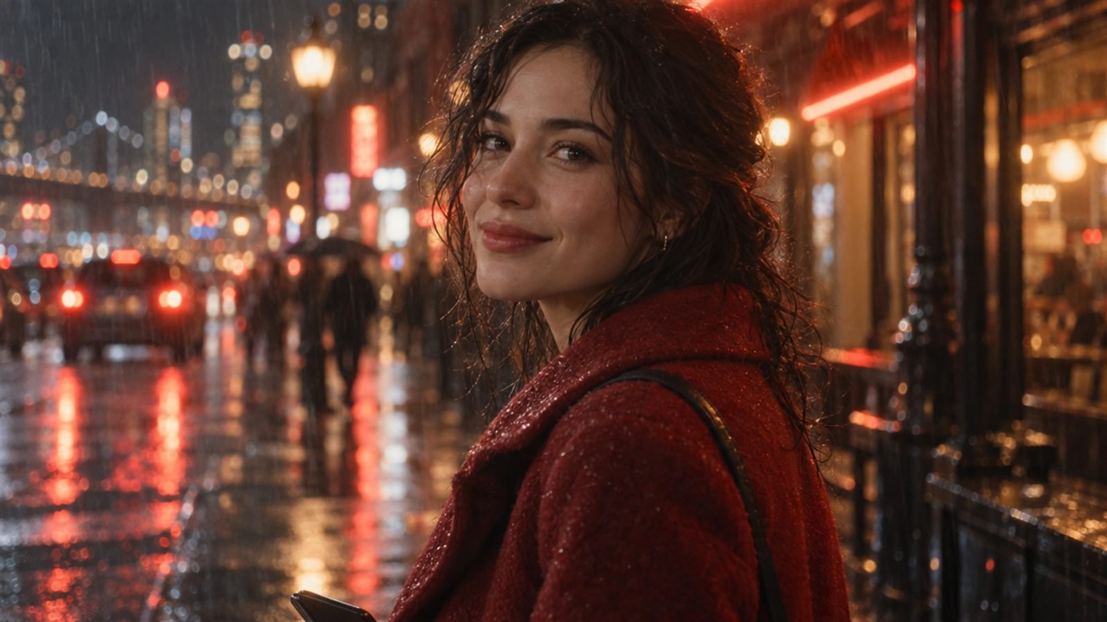 A woman in a red wool coat, closer to the camera, turned toward it and smiling on a rainy neon street