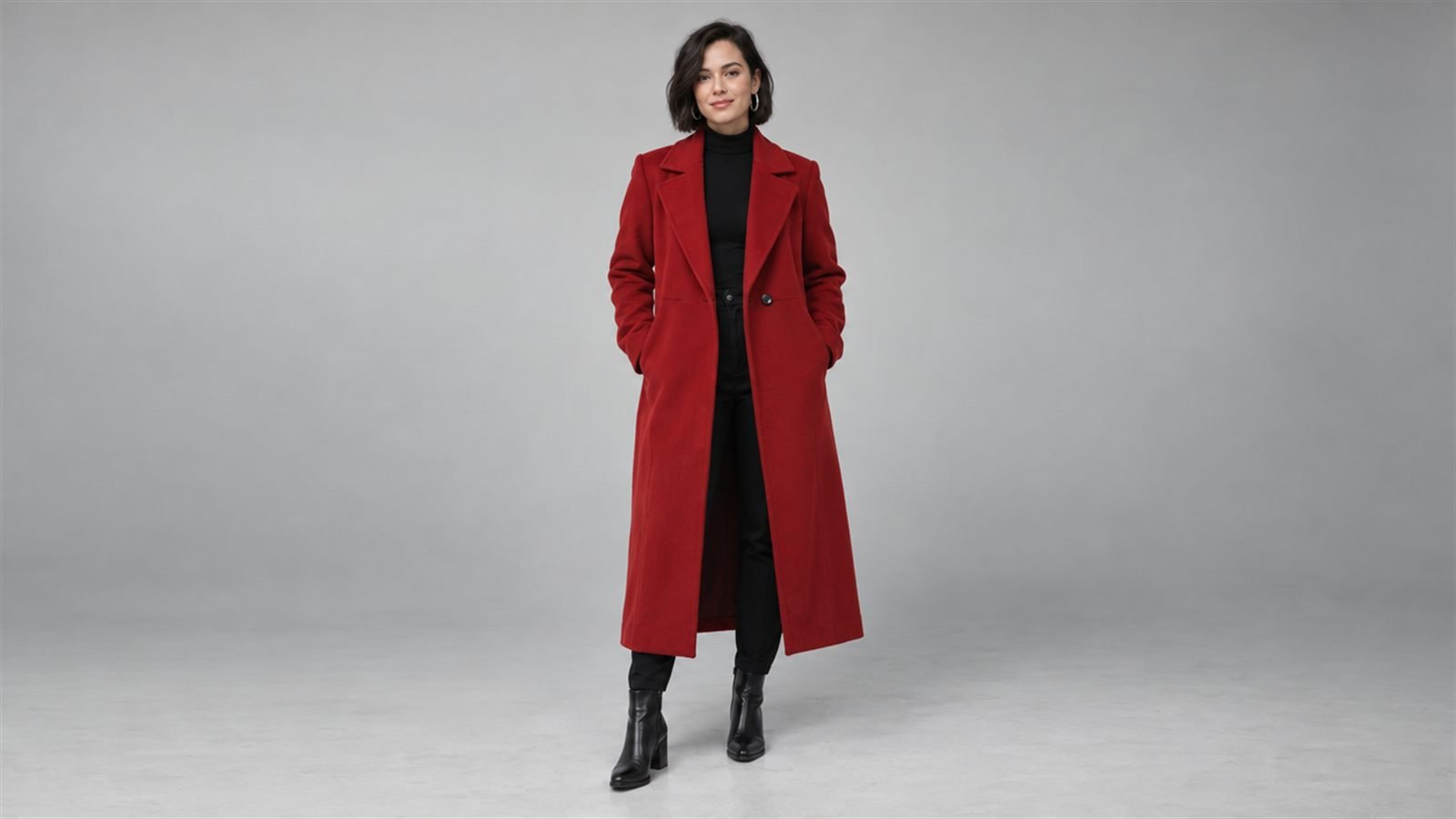 Full-length studio photo of a woman with a short black bob in a long red wool coat, black boots and silver hoop earrings