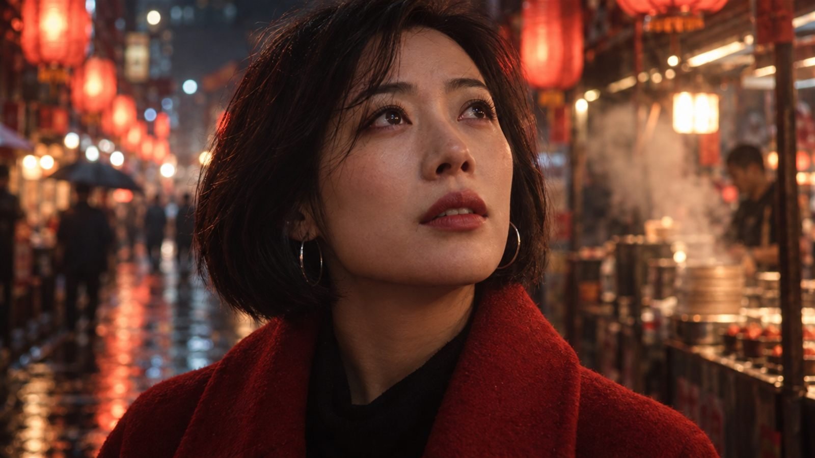 Close-up of a woman with a black bob, hoop earrings and a red coat looking up in a rainy night market lit by red lanterns
