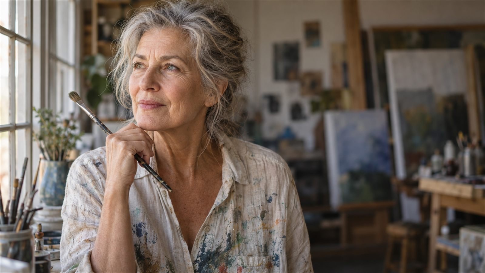 A woman in her sixties in a paint-stained linen shirt at a studio window, lit softly from one side