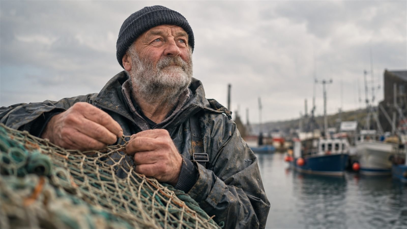 An old fisherman mending a net on a harbour wall, seen from a low angle under a grey overcast sky